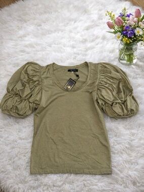 Puff Sleeve Top Tee 100% Cotton Olive Green Trish Scully NWT